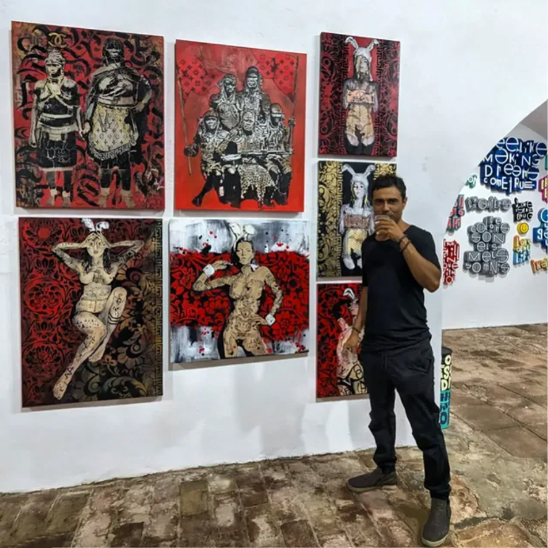 Selection of White Rabbit artworks by Riccardo Lopez exhibited at Artevistas Gallery, featuring figurative paintings with layered graphic patterns and bold red and black compositions.