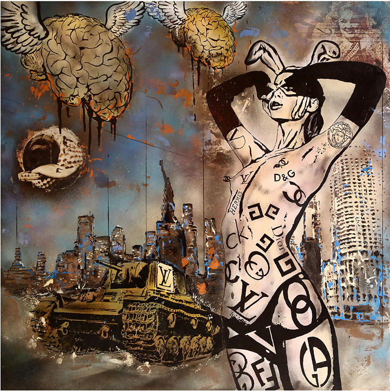 Mixed-media painting by Riccardo Lopez featuring a rabbit-eared female figure, flying brains, a tank and an urban landscape