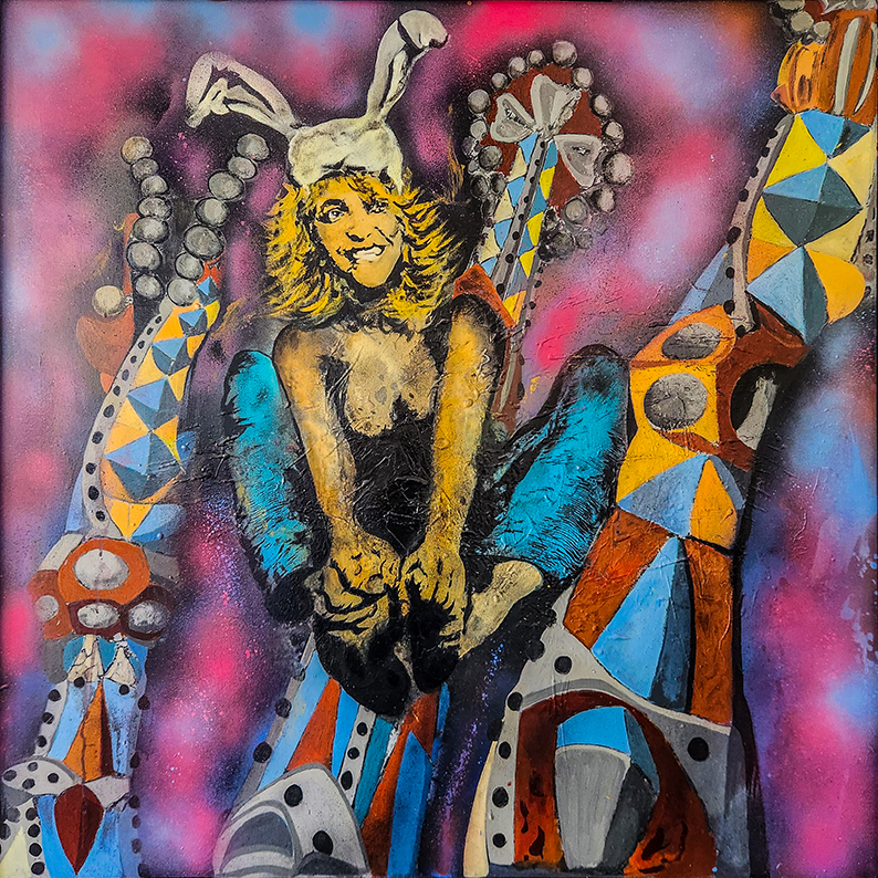 Colorful mixed-media painting by Riccardo Lopez featuring a rabbit-eared female character surrounded by geometric shapes