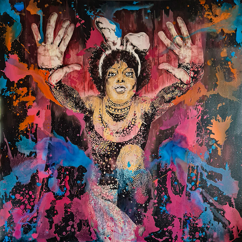 Colorful mixed-media painting by Riccardo Lopez featuring a female figure with rabbit ears and raised arms