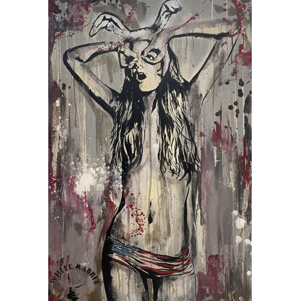 Mixed-media painting by Riccardo Lopez featuring a female figure with rabbit ears against a distressed background