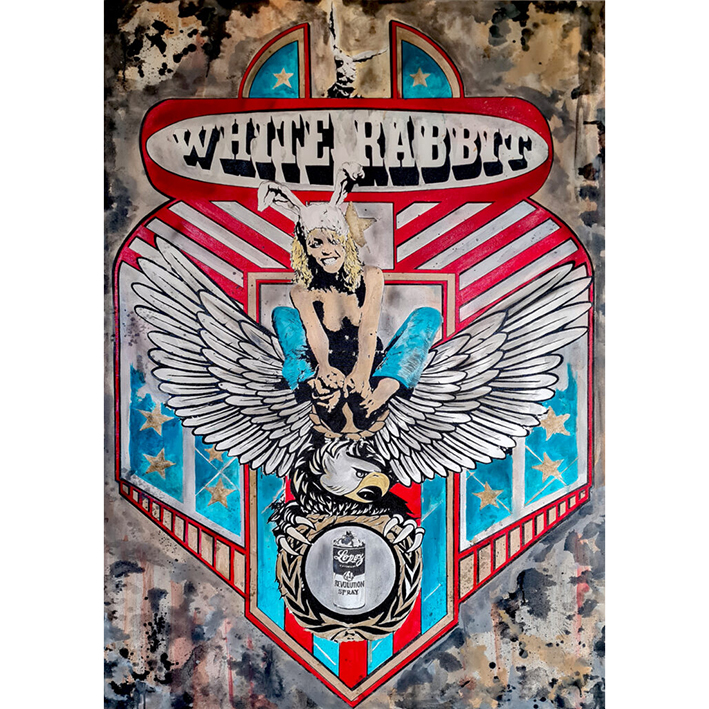 Colorful White Rabbit artwork by Riccardo Lopez featuring a winged female figure inside a graphic emblem