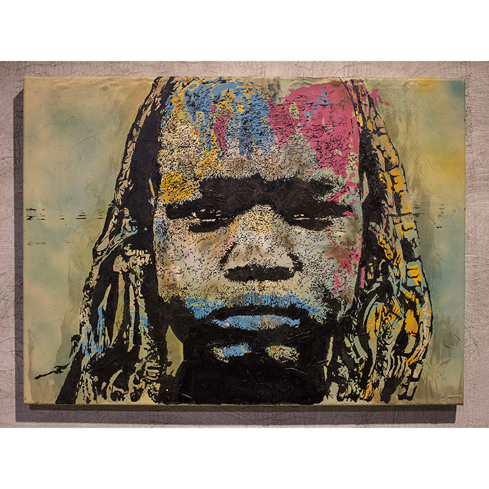 Mixed-media portrait of an African child by Riccardo Lopez with black, blue, pink and yellow painted textures