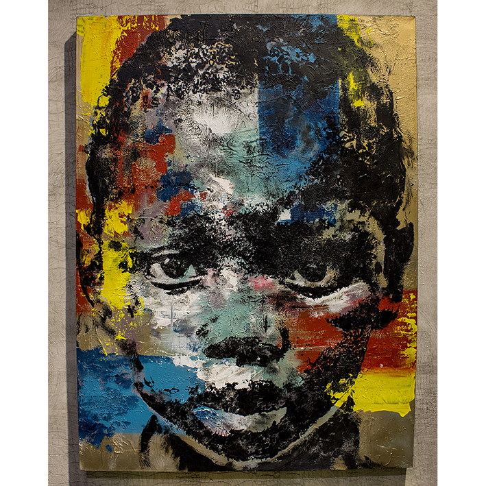 Abstract mixed-media portrait of an African child by Riccardo Lopez with blue, yellow, red and black brushwork