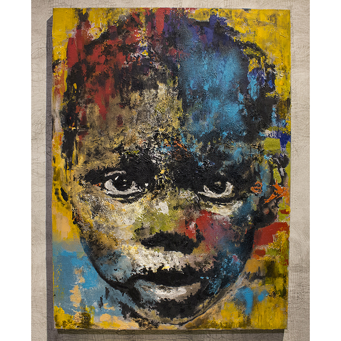 Expressive mixed-media portrait of an African child by Riccardo Lopez with blue, yellow and black painted layers