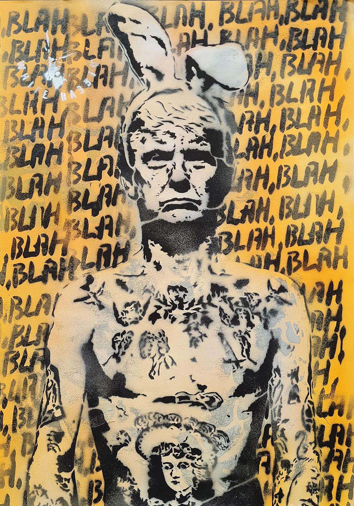 Donny Blah Blah Yellow handmade limited-edition poster by Riccardo Lopez, created with spray paint and stencil techniques in a bold yellow graphic composition.