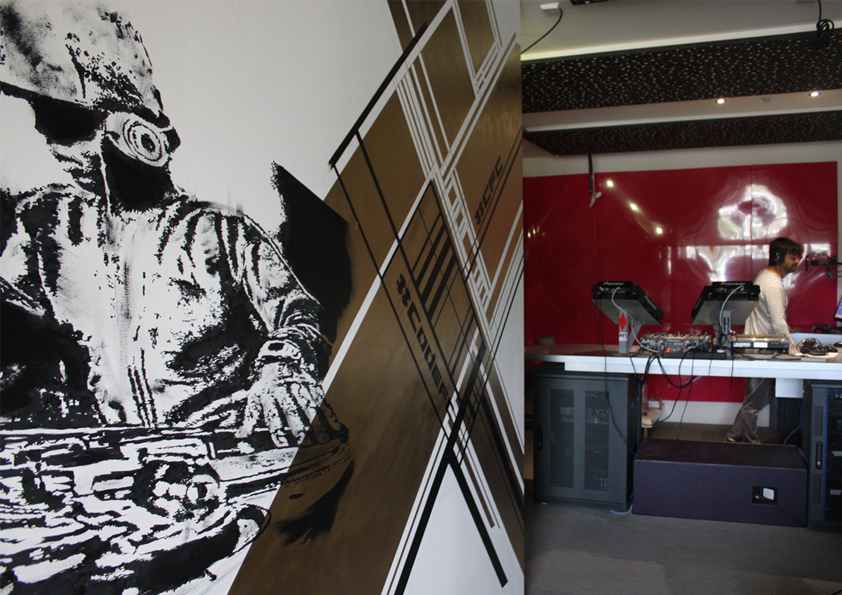 Large black and white White Rabbit artwork inside the Main Room of Ibiza Global Radio in Ibiza