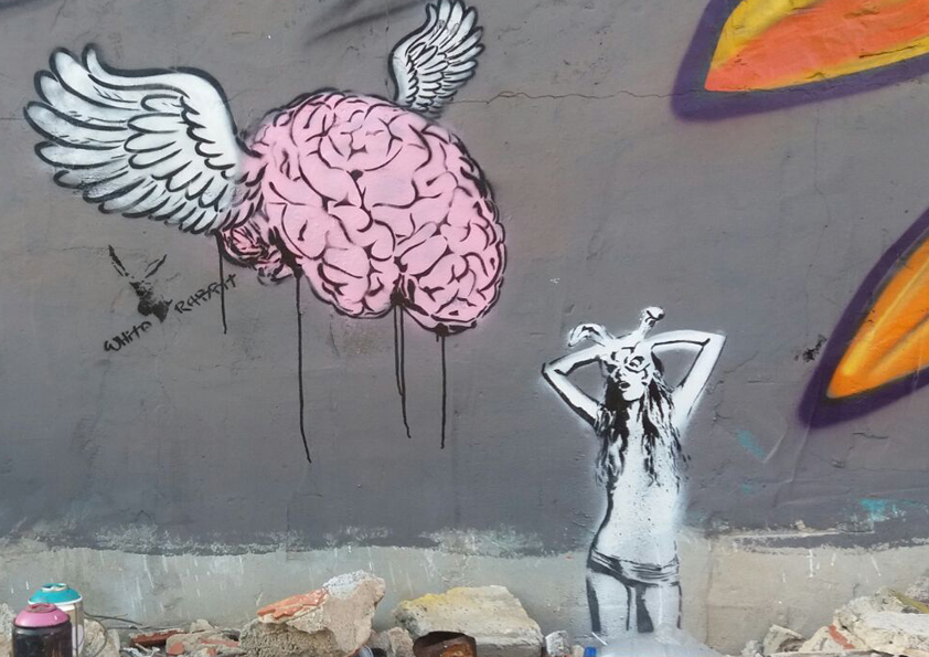 Pink brain with white wings street art artwork by White Rabbit painted on a wall in Ibiza