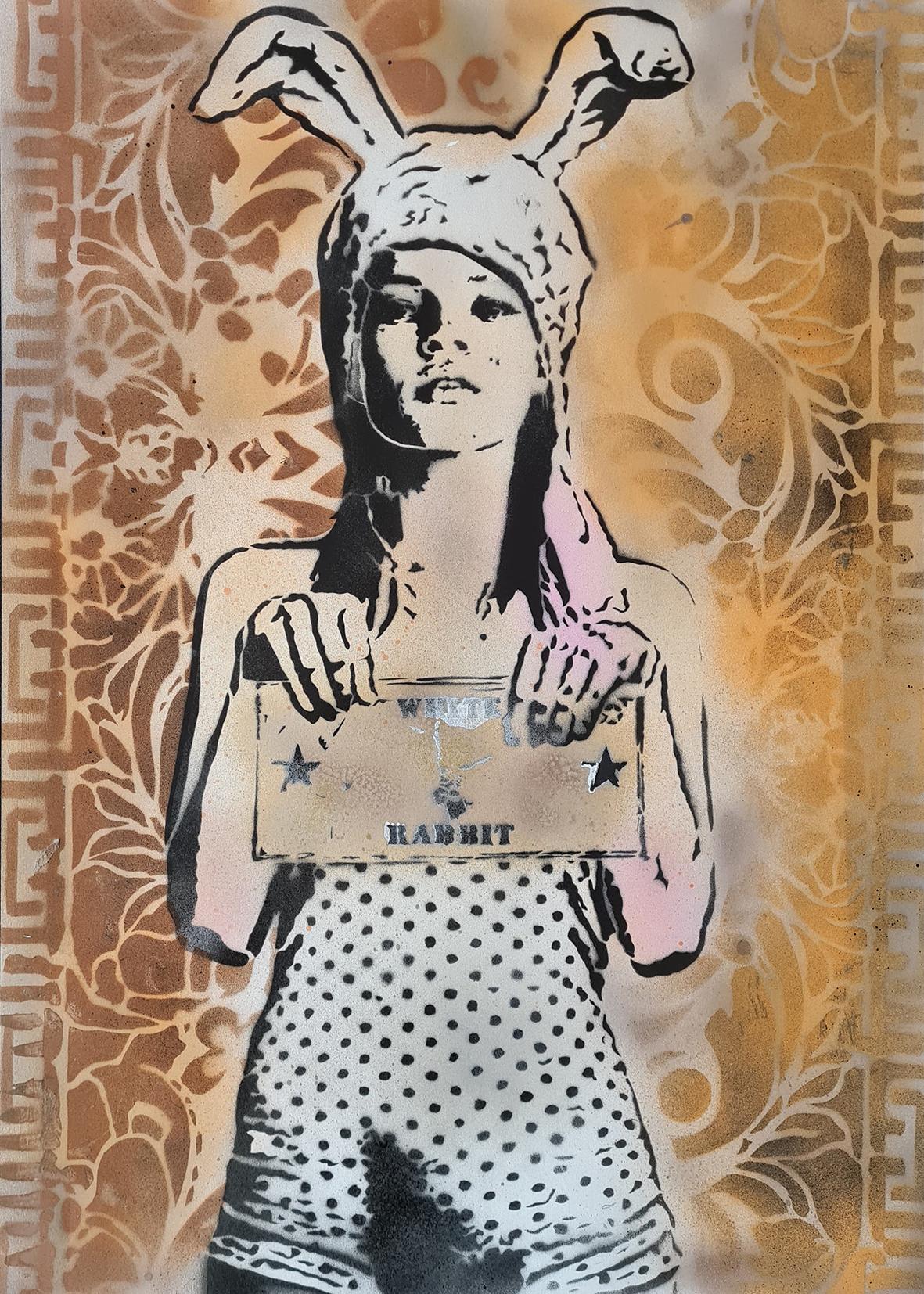 Kate Soldier Gold handmade limited-edition poster by Riccardo Lopez, featuring a stylized female figure created with spray paint and stencil techniques.