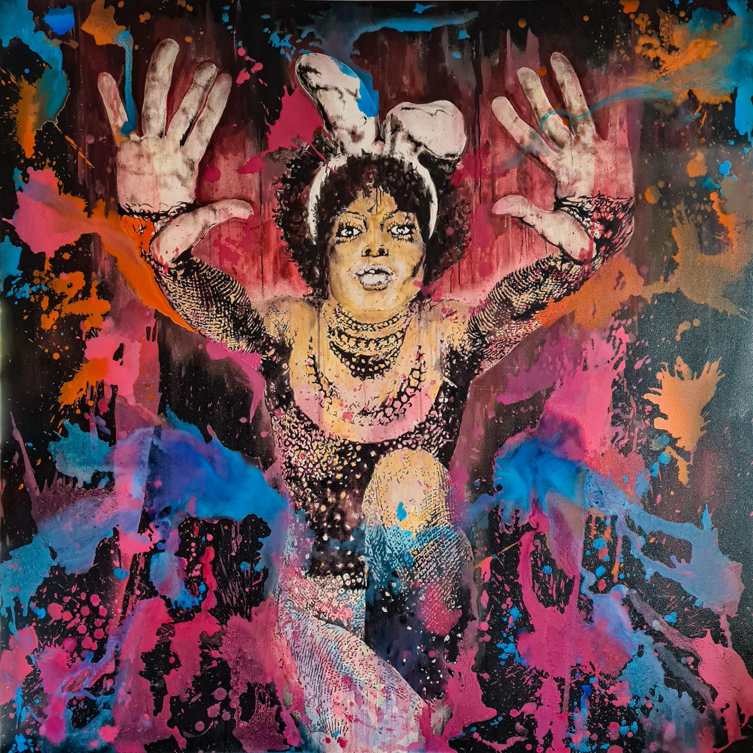 Night Fever Bunny by Riccardo Lopez, an original mixed-media style painting on canvas created with acrylic spray and brush.