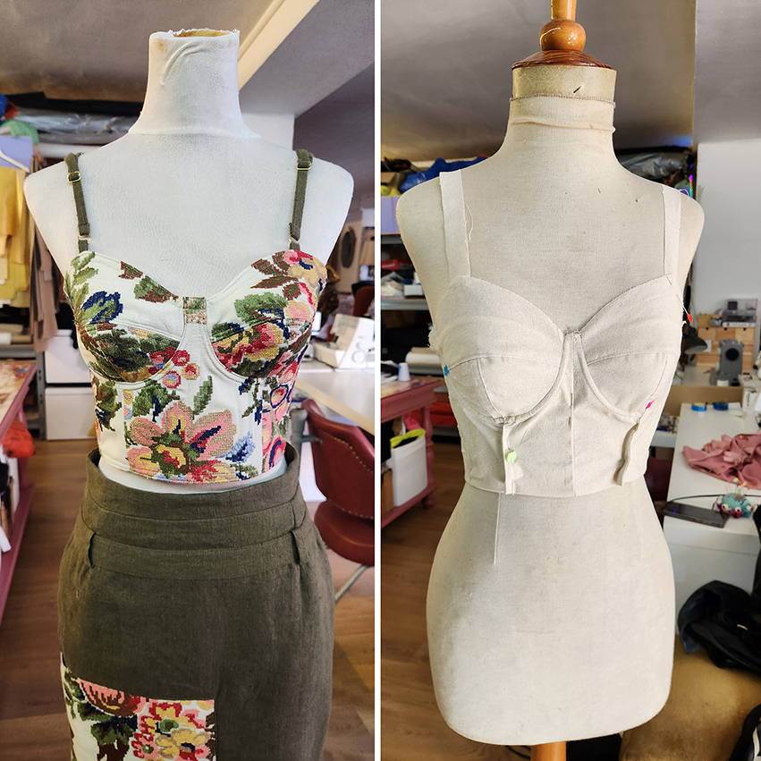 Two mannequins displaying floral top and bodice prototypes during fashion sampling