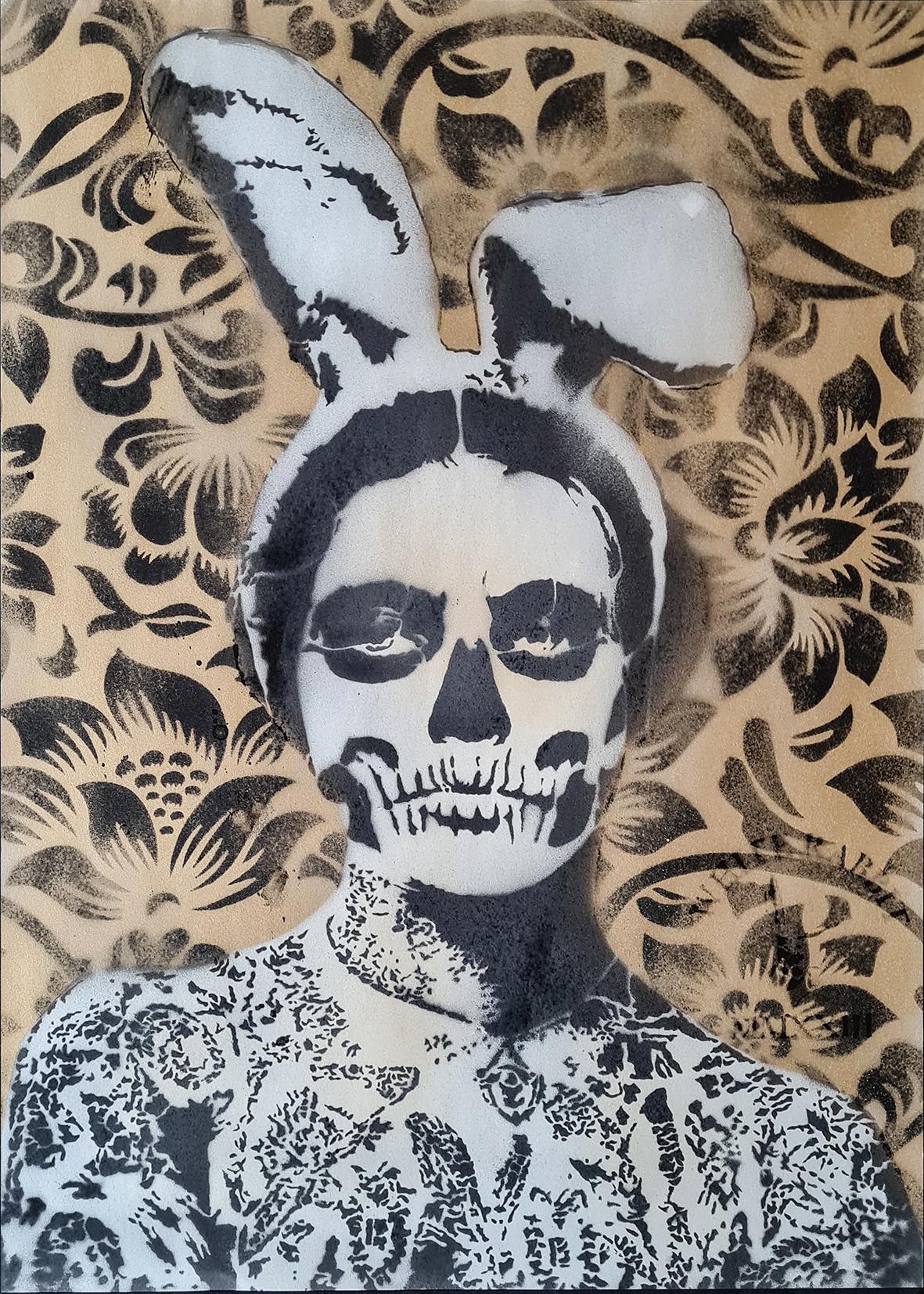 Santa Muerte handmade limited-edition poster by Riccardo Lopez, created with spray paint and stencil techniques on paper.