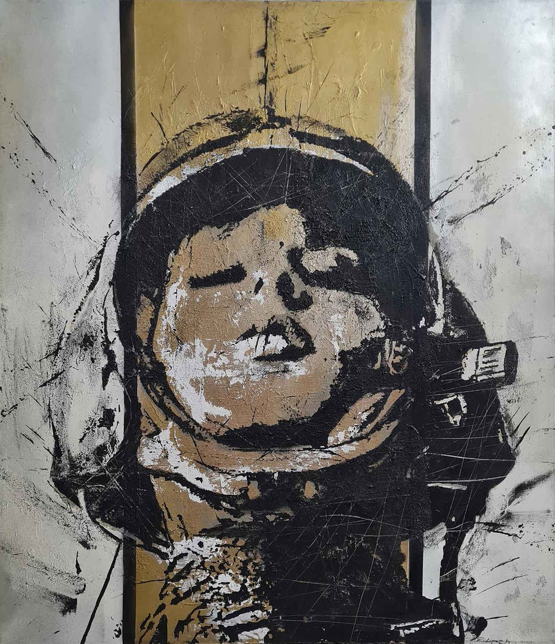 Space of Mind by Riccardo Lopez, an original acrylic spray and brush painting on canvas exploring portraiture, texture and layered graphic imagery.
