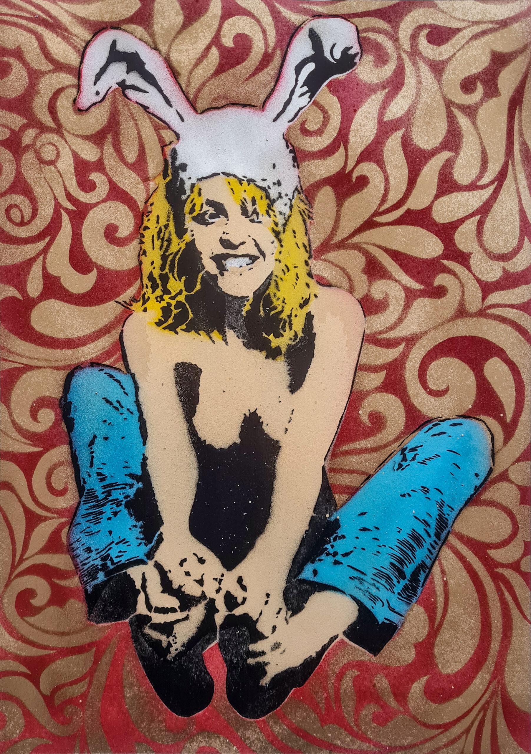 The Bunny Flying handmade limited-edition poster by Riccardo Lopez, featuring the White Rabbit motif created with spray paint and stencil techniques.