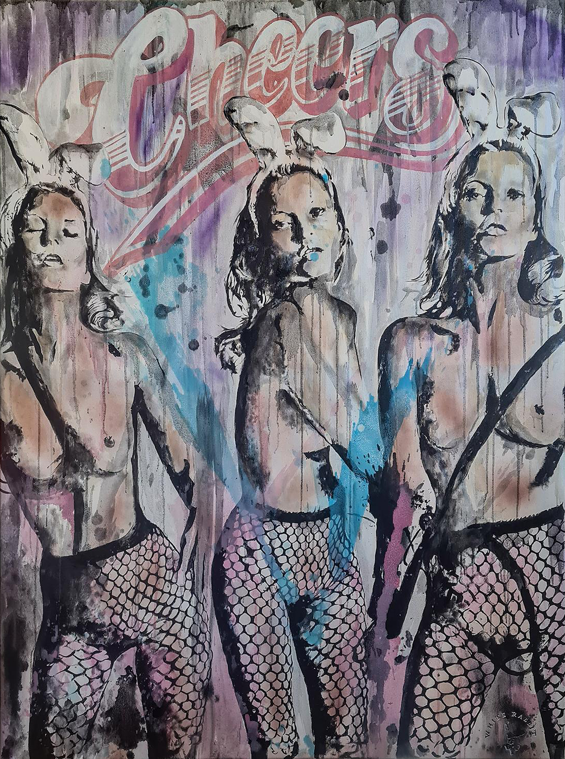 Triple Trouble Kate by Riccardo Lopez, an original painting on canvas created with acrylic spray and brush, featuring three stylized female figures and layered graphic patterns.