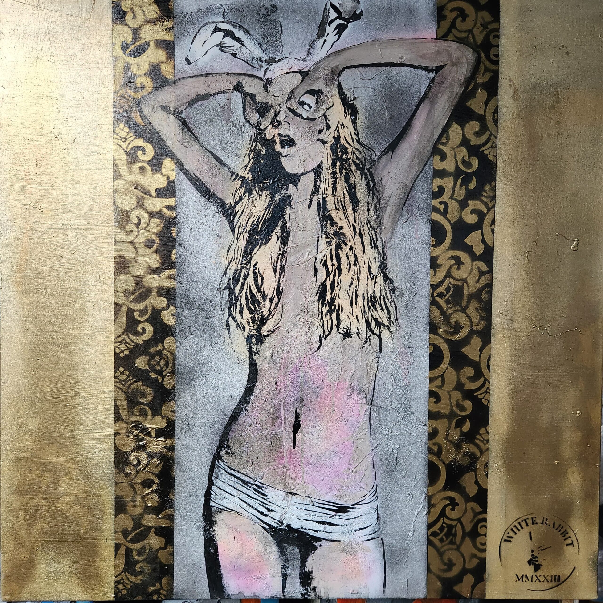 Look Up by Riccardo Lopez, an original painting created with acrylic spray and brush on canvas, featuring a stylized female figure and layered graphic patterns.