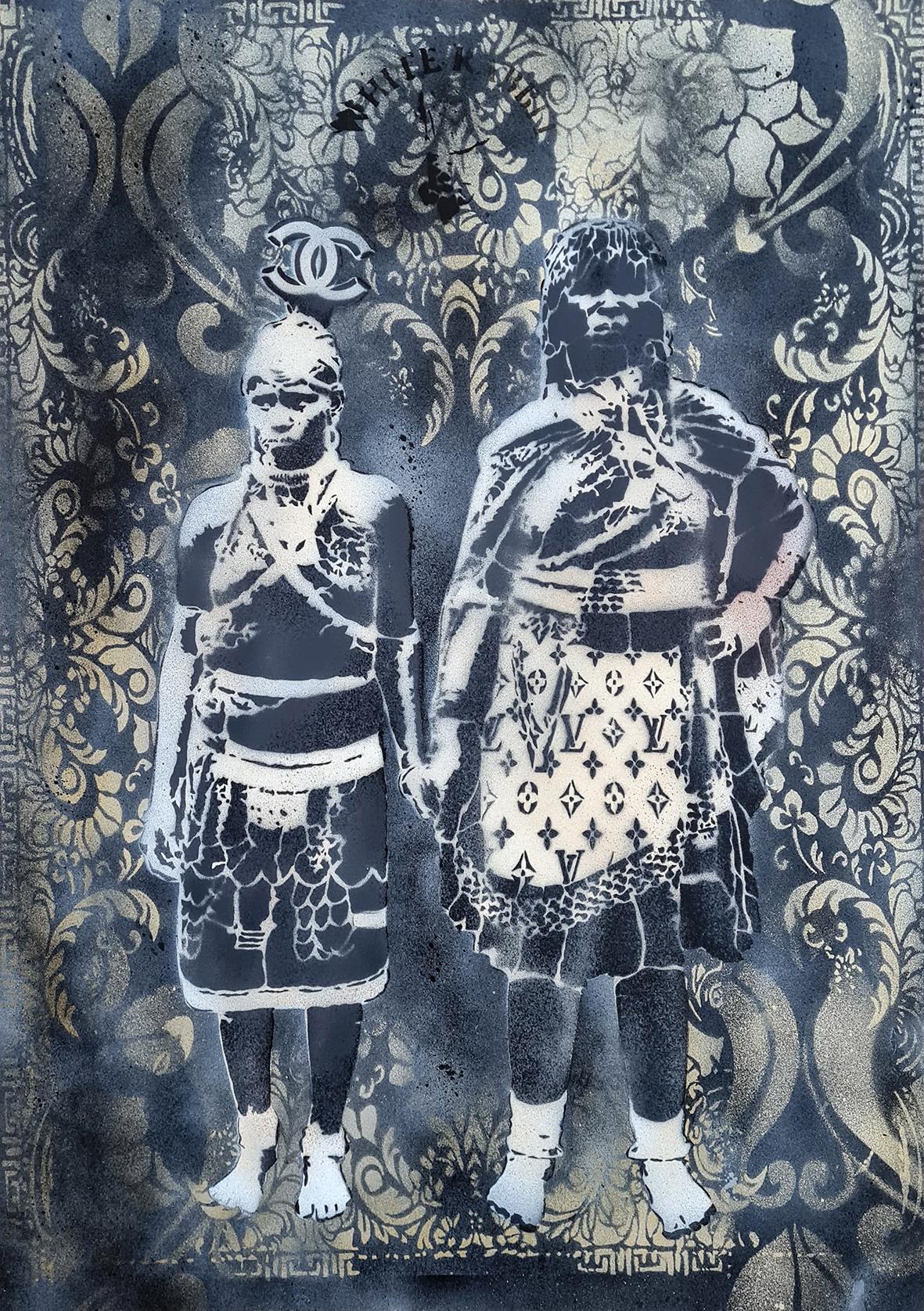 Zulu Fashion Week Black Gold Renaissance handmade limited-edition poster by Riccardo Lopez, created with spray paint and stencil techniques.