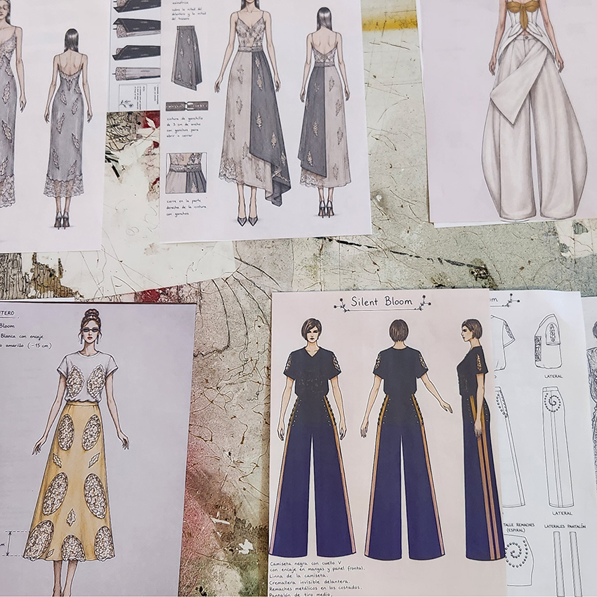 Fashion design sketches and technical drawings for a new collection at Factory Atelier